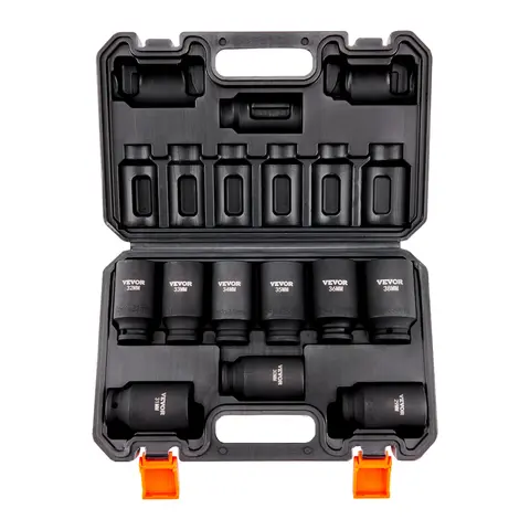 VEVOR 1/2" Hex Drive Impact Socket Wrench Set, 9 Sockets Metric Deep (29-38mm) 6-Point Cr-Mo Alloy Steel High Torque, Fits Impact Tools, Laser Etched Markings, Storage Case, Auto Repair Car Tools for Mechanics
