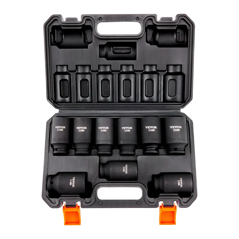 VEVOR 1/2" Hex Drive Impact Socket Wrench Set, 9 Sockets Metric Deep (29-38mm) 6-Point Cr-Mo Alloy Steel High Torque, Fits Impact Tools, Laser Etched Markings, Storage Case, Auto Repair Car Tools for Mechanics