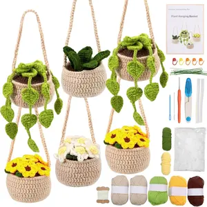 Beginner Crochet Hook Set 6 PCs Hanging Plant Crochet Hook Set Crochet Plant Flower Knitting Suit Adult Learning Crochet Including Yarn Tools and Video Tutorial, DIY Crochet Knitting Craft Gift
