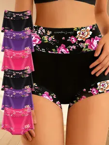 QUASTI 3/6PCS High-waisted Cotton Fashion Printed Underwear Elastic Soft Comfortable Floral Breathable Panties Mix Colors Daily Wear Essential Womenswear Briefs Panty S-XXL