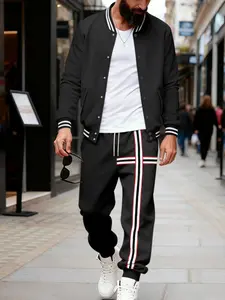 Men's Multicolor Baseball Jacket Set, Cross Striped Casual Loose Fit Outerwear, Fall Winter Vintage Street Style, Medium Thickness