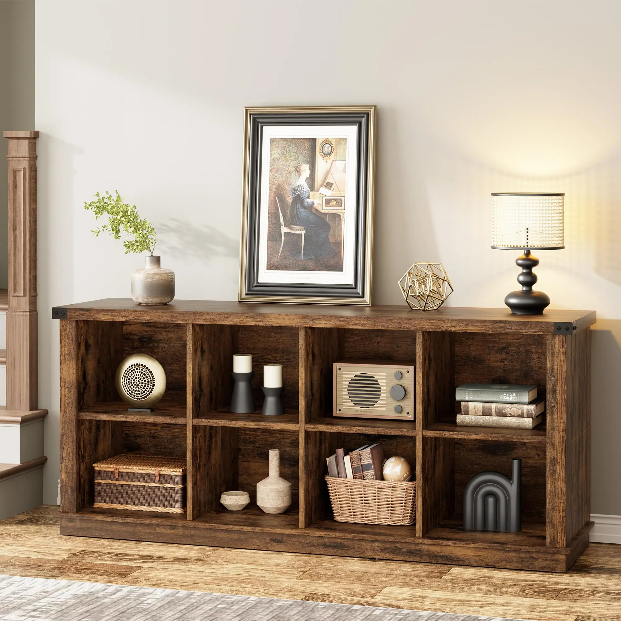 3-Tier 8-Cube Wooden Storage Organizer, 63" Long Low Farmhouse Bookshelf for Entryway, Living Room, or Bedroom