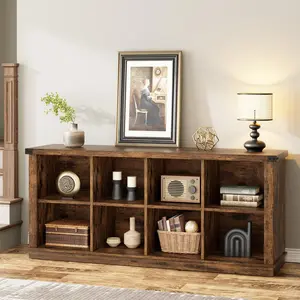3-Tier 8-Cube Wooden Storage Organizer, 63" Long Low Farmhouse Bookshelf for Entryway, Living Room, or Bedroom