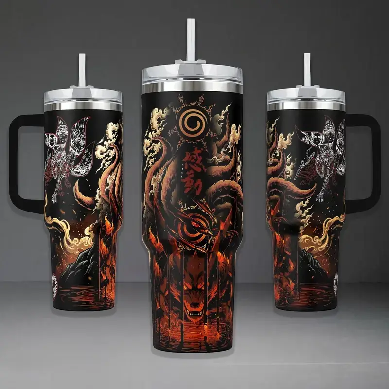 Kurama 9 Tails 40oz Insulated Stainless Steel Tumbler with Handle and Straw, Fiery Fox Spirit Anime Shinobi Graphic Travel Cup, Black-Orange Japanese Manga Fan Gift Drinkware