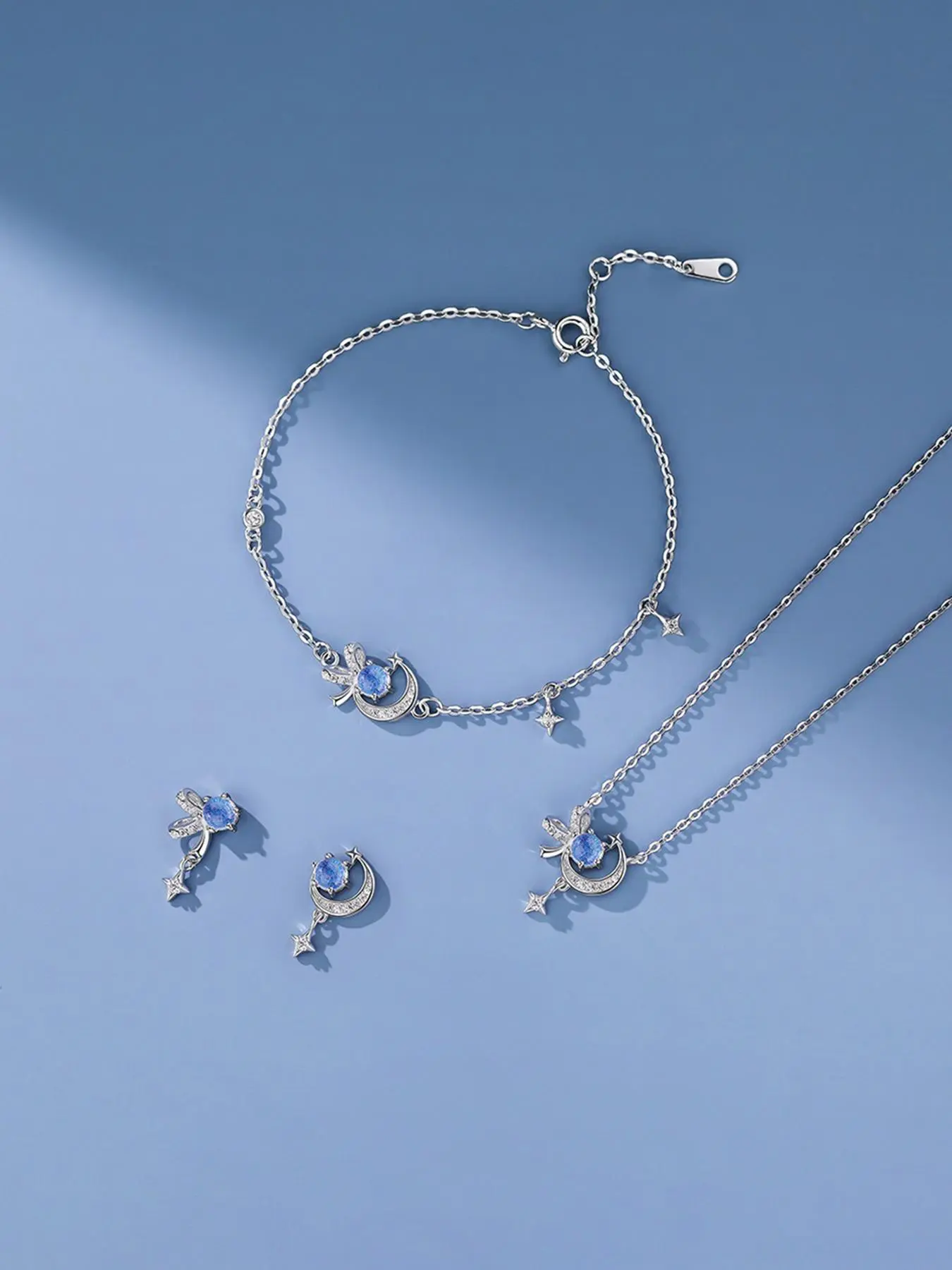 1 set of S925 pure silver original fashionable design, glass stone, stars, moon, bow, necklace, earrings, bracelet, high-end and sweet jewelry, 3-piece set suitable for women's jewelry gifts for weddings, daily parties, etc