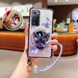 S20FE Popular Series Diamond Strap Lanyard Phone Holder Case For Compatible With Samsung Galaxy S20 FE Transparent Glitter Shiny Protective Cover and Durable Flying Purple Butterflies Protector Cases