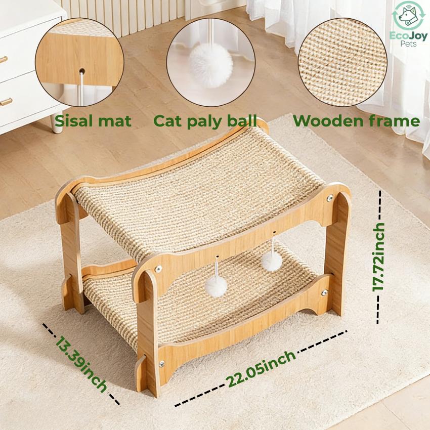 EcoJoy Pets 2-Tier Cat Hammock & Scratching Bed, Durable Wooden Pet Lounge with Natural Sisal Mats, Indoor Cat Furniture with Dangling Play Balls, Heavy Duty Support up to 33lbs