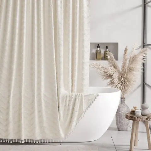 AmazerBath Farmhouse Boho Shower Curtain Set - Beige Fleece Plastic Hooks Bathroom Accessory, Soft Chevron Rustic Tassel Design, Hotel Quality, 72x72in Beautiful Bathroom Curtains with Easy Charm