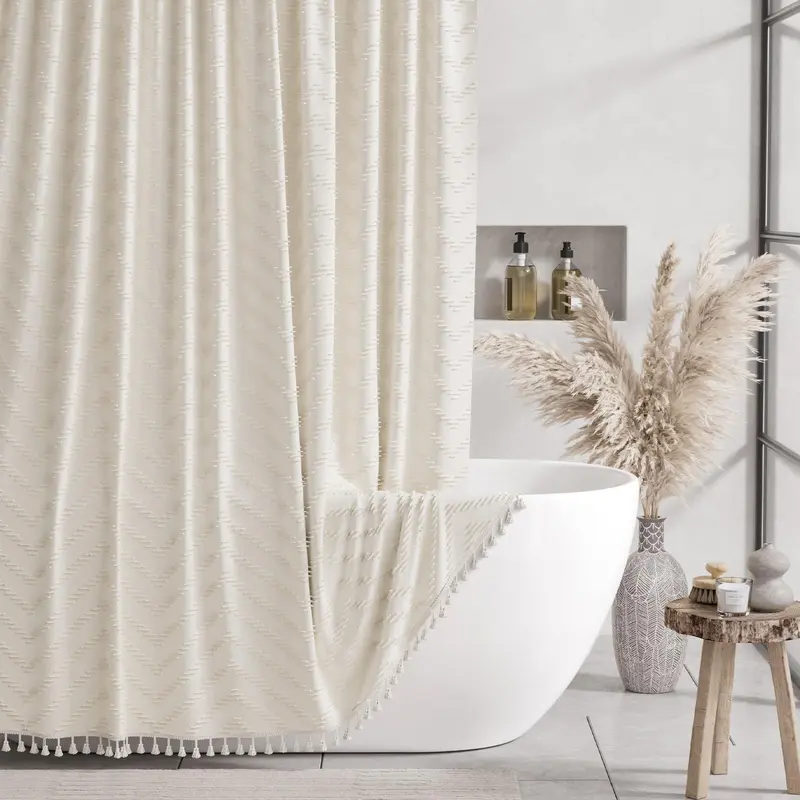 AmazerBath Farmhouse Boho Shower Curtain Set - Beige Fleece Plastic Hooks Bathroom Accessory, Soft Chevron Rustic Tassel Design, Hotel Quality, 72x72in Beautiful Bathroom Curtains with Easy Charm