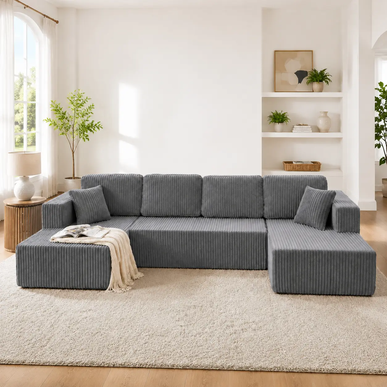 133" U-Shaped Modular Sectional Sofa, Cloud Boneless Corduroy Couch with Deep Seats and Chaise, Memory Foam Compressed Sofa, Oversized No Assembly Living Room Furniture