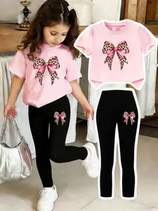 Bear Bowknot Print Set, Girls Casual, 2-Piece Girl T-Shirt and Tight Pants Set, Comfortable Elastic Waist, Spring Summer Wear, summer clothing set, Leopard Print Set