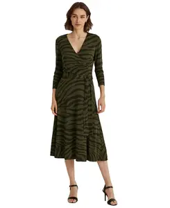 Lauren Ralph Lauren Women's Green Zebra-Print Surplice Jersey Dress