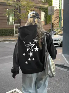 Women's Star Print Drop Shoulder Long Sleeve Hoodie, Fashion Casual Drawstring Pocket Hooded Sweatshirt for Daily Holiday Outdoor Wear, Women Clothing for Fall & Winter, Womenswear