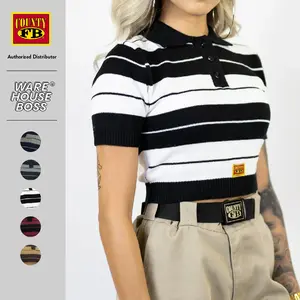 FB COUNTY Women's Charlie Brown Crop Top Shirts FB COUNTY Casual Short Sleeve Button Up Striped Shirt Two Toned Polo Top Stylish Hip Hop Harem