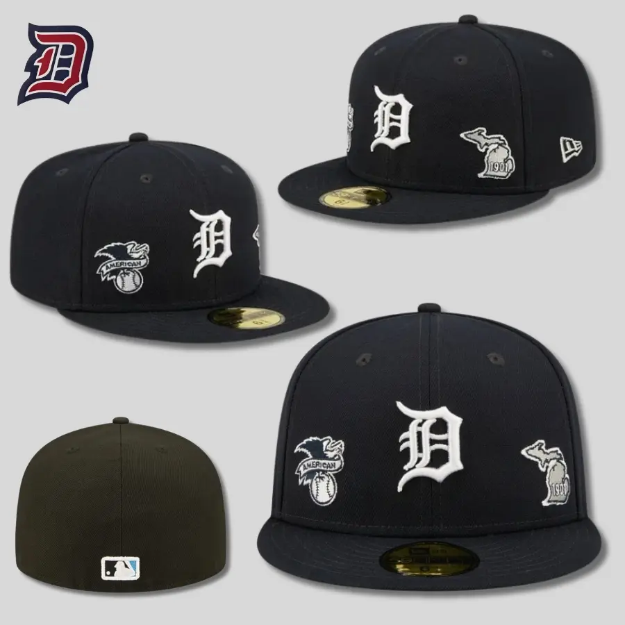 New Era MLB 59FIFTY Fitted Cap Detroit Tigers Black Baseball Hat White D Logo American League Patch Michigan 1901 Side Patch Flat Brim Streetwear Hip Hop Vintage Trendy TikTok Viral Unisex Gorras Gorra Beisbol Urban Fashion unisex streetwear hat