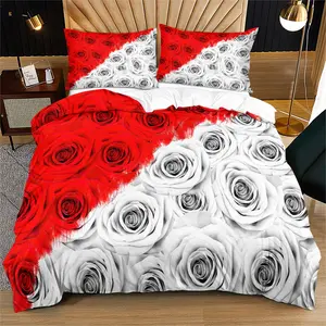 Valentine'S Day Comfortable Bedding Set, Holiday Gift Rose Quilt Cover, 2pcs/3pcs Red and White Matching Couple Duvet Cover Set, Suitable for Couple Room Layout, Wedding Room Decoration, Includes 1 Comforter Cover and 1/2 Pillowcase