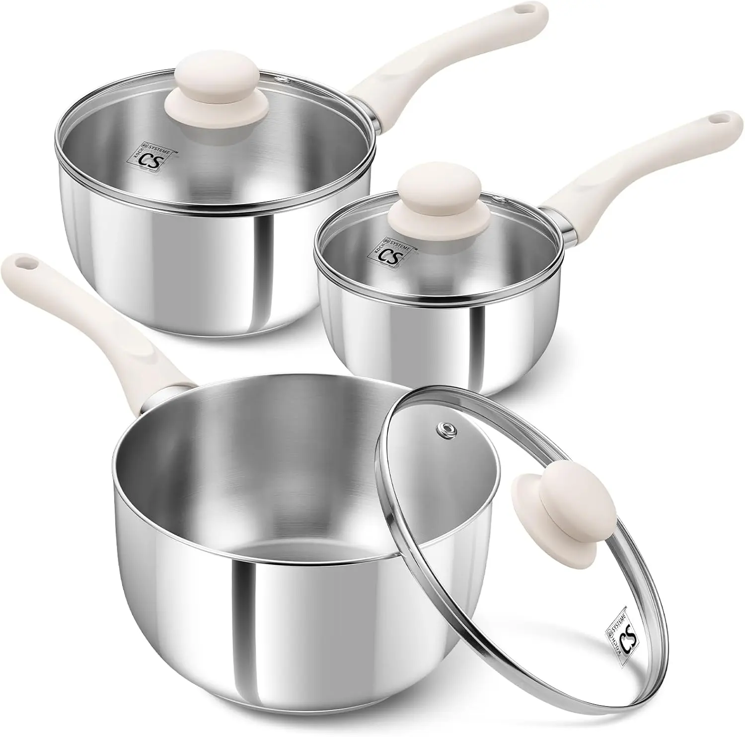 KOCH SYSTEME CS 1+2+3QT Stainless Steel Saucepan with White Bakelite Handle, Resistant Bakelite Handle, Non-Toxic, Induction Compatible, Oven Safe for Gas, Electric & Induction, gifts for women