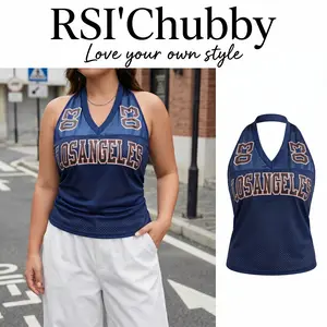 Women Plus Size Y2K Sporty Halter Neck Tank Tops Los Angeles Letter Numeric Graphic Print Backless Mesh Splicing Camisole Blouses Summer Going Out Top