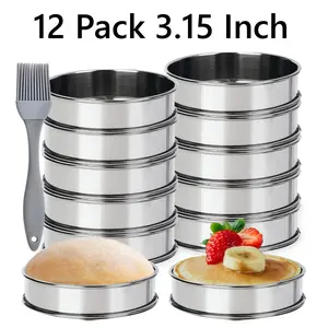 12 Pack 3.15 Inch Stainless Steel English Muffin Cookie Rings for Baking, Tart Crumpet Cookie Mold Rings, Double Rolled Nonstick Muffin Tart Ring for Bakery, Pancake Making (with Oil Brush)