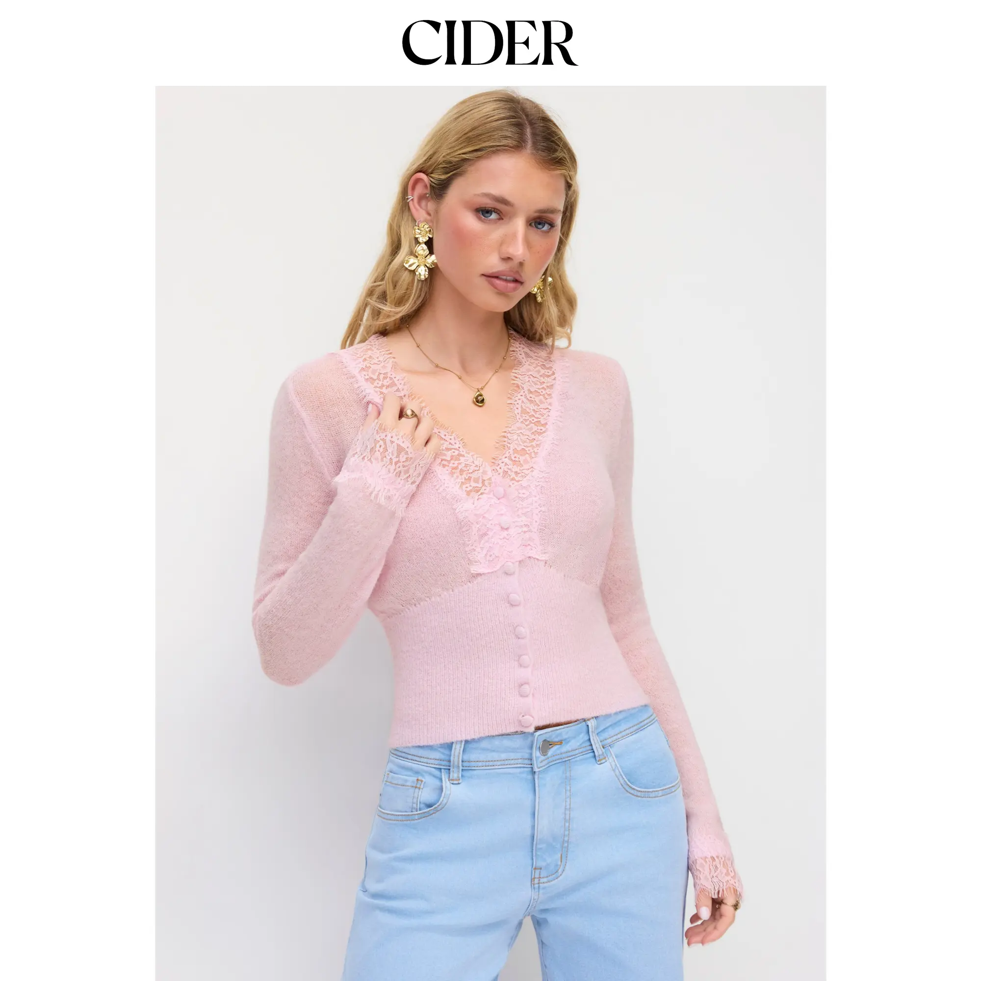 Cider Knit Wool-blend  V-neck Lace trim Cardigan