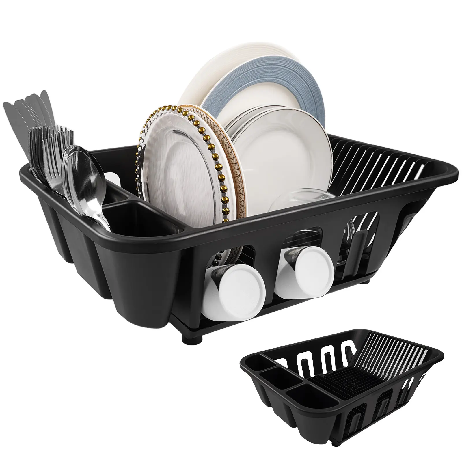 2-Pack Plastic Dish Rack with Slide-Out Drip Tray, Sink-Side Draining Organizer for Kitchen Countertop Plate, Cup & Utensil Storage
