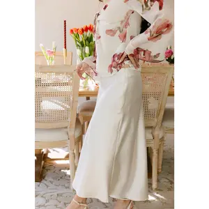 Solana Ivory Satin Midi Skirt