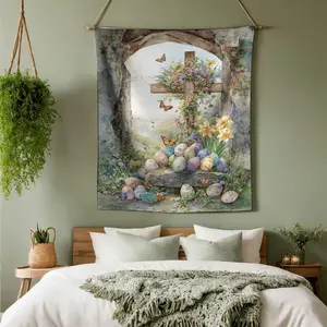 Easter Christian Floral Cross Tapestry |   Watercolor Egg & Butterfly Wall Hanging |   Soft Fabric Wall Art for Home & Church Decor