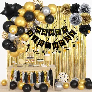 Black and Gold Birthday Party Decorations Kit For Men,Women. Cheers Beer Confetti, Black Gold Balloon, Happy Birthday Banner, Fringe Curtains, Swirl Circle Dots, Tassels, Pom, Graduation 30th 40th 50th For Him