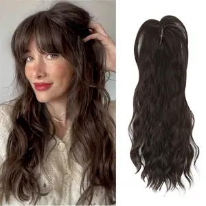 18Inch Clip in Bangs Mini Wavy Hair Topper with Bangs Natural Looking Synthetic Hair Clip Fringe Wispy Fake Bangs for Thinning Hair Daily Wear Quick Styling