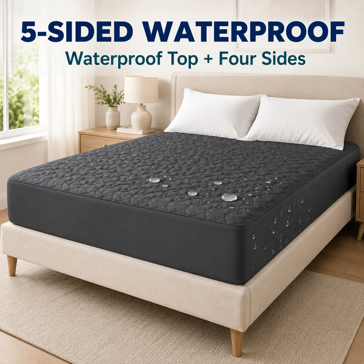 5-Sided Waterproof Mattress Protector, Quilted Fitted Bed Cover with Top and Side Protection, Soft Noiseless Surface, Breathable TPU Layer, Fits Mattresses up to 21 Inches Deep，Twin Full Queen King, White/Gray