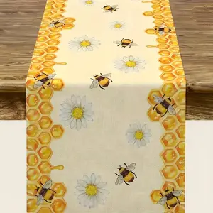 1 piece, 13.8*70.9 inches, bee sunflower tablecloth - country style, with honeycomb and bee design, yellow and orange polyester cover, suitable for kitchen, dining room or outdoor party decoration, bee decoration