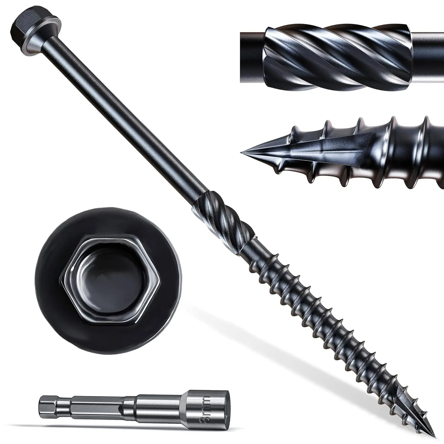 #14 x 4  Structural Screws 50 count, Exterior Hex- Lag Screws, Black Heavy Duty Construction Timber Log Landscaping  Screws, 5/16 Hex Socket Included