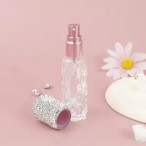 Diamond Lid Transparent Empty Spray Bottle 0.34oz Mini Reusable Glass Fine Mist Makeup Perfume Atomizer, Travel Essential, Portable