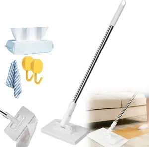 Fmothersdaygiftideas Non-slip Long Handle Glass CleaningBrush, No-wash Mop, UsesDisposable Face Towel, Hands-FreeReplacement, Dry and Wet Multi Surface FloorCleaner, Bathroom Cleaning, Rotatable Stainless Glass Cleaning Brushwith Colorful Button