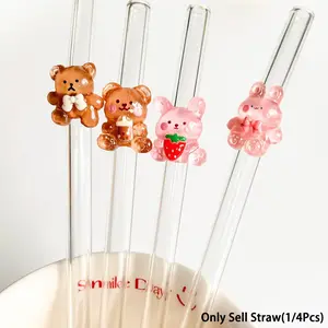 Cartoon Rabbit/bear Glass Straw, Transparent Reusable Bent Design, Ice Smoothie Milk Tea Juice Cocktail Cold Drink Party Supplies