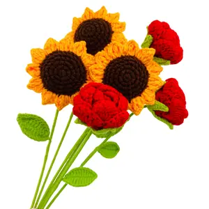 Handmade Crochet Immortal Sunflower Rose Leaf Flower Arrangement, Valentine's Day Mother's Day Easter Party Gift, Memorial Day Present