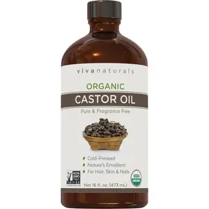 Viva Naturals Organic Castor Oil, Cold-Pressed, 16 fl oz – For Face, Hair, Eyelashes, USDA Organic, Non-GMO - Glass Bottle