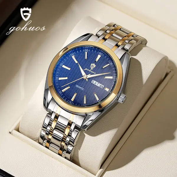GOHUOS Men's Business Round Watch - 41mm Stainless Steel Analog Quartz, Luminous Dial, Sapphire Crystal, Dual Calendar, Buckle, Hardlex Glass, Free Box, Cord Bracelet, Batteries, <30M Water Resistance, Exquisite Gift Choice
