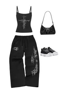 Women's Summer Slim Fit Tank Top + Loose Long Pants Set, Fashion Letter Print, Soft Comfortable, Ideal for Home and Outdoor, Cozy Set, Summer Clothing Set