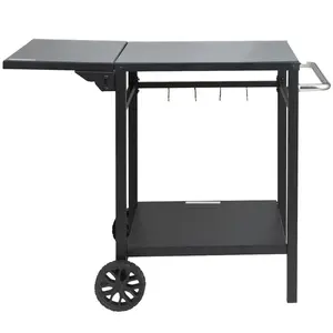 Outdoor BBQ Grill Cart With Double Shelf And Movable Food Prep Table, Multifunction Foldable Iron Tabletop, Portable Modular Kitchen Cart For Pizza Oven, Work Surface On Two Wheels With Carry Handle, Durable Steel Construction