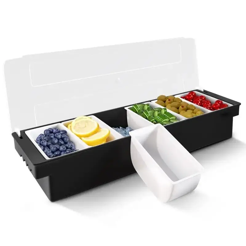 Durable Plastic Condiment Station with Lid, Reusable Food Containers with Lids, 6 Grids, Non-Electric, Ideal for Bars, Ice Cream Shops, Salad Bars, Essential Bar & Restaurant Supplies