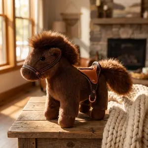 Cute Brown Horse Plushie Soft Stuffed Animal with Saddle - Fluffy Pony Pillow & Room Decoration - Birthday Gift for Her & Horse Lovers