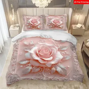 3-Piece Rose Silver Leaf Design Bedding Set, Includes Duvet Cover & Pillowcases, Soft Washable Bedroom Decor, All-Season Use
