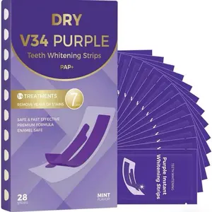 Dry V34 Purple Teeth Whitening Strips PAP+ 14 Treatments Enamel Safe Non-Slip Dry Strip Technology Peroxide-Free Oral Care