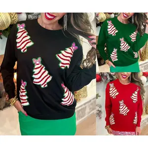 Women Christmas Sweatshirt, Long Sleeve Crew Neck Sequined Tree Hoodie Pullover for Casual Daily