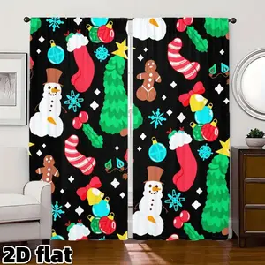 2D Flat 2Pcs Christmas Holiday Pattern Curtains Snowman Gingerbread Stockings Print Semi Sunshade Rod Pocket Style for Living Room Bedroom Kitchen Home Decor Window Treatment Festival Celebration Holiday Season Gift