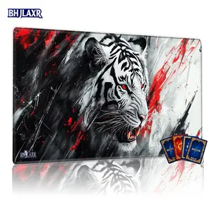 Striking White Tiger Red Eyes TCG MTG Playmat 12x24inch, Realistic Abstract Dynamic Black White Splatter, Fierce Intense Expression Gaming Mousepad, Perfect for Card Game Enthusiasts Family Gatherings Gift