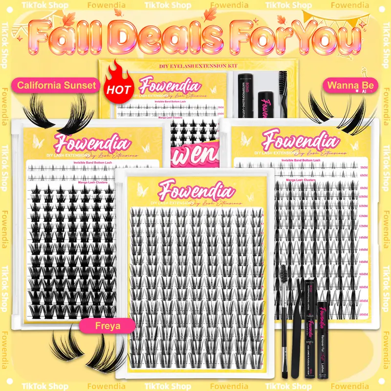 Fowendia Cosmetic Spiky Manga Lash Cluster Kit - C/CC Curl DIY Eyelash Extensions (8-18mm) with Waterproof Bond, Seal, Remover, Ultra-Thin Transparent Bands, California Sunset Freya Style, Lock Lashes in Place False Eyelashes (Fall Deals Campaign)