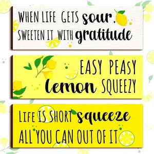 3 Piece Wooden Lemon Wood Signs, Inspirational Quotes Wall Decor for Kitchen, Summer Gift Farmhouse Porch Decoration, Home Bedroom Bathroom Kitchen Accessories