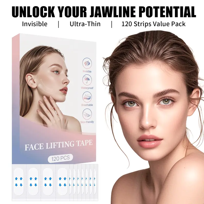 120 Pcs Ultra-Thin Facial Lift Tape Strips - V-Line Jawline & Double Chin Peel Patches, Hypoallergenic, Waterproof, Unscented, Gentle Skin Firming Beauty Tool for Adults, Daily Use, Flawless Refreshed Look, 36-Month Shelf Life